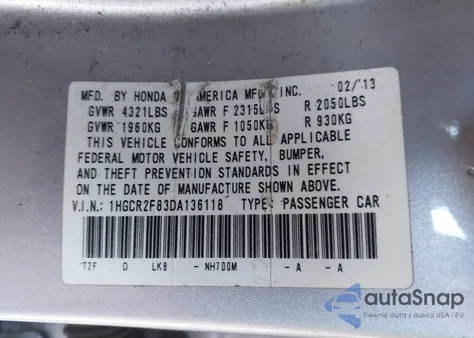 2013 Honda Accord Sdn Ex-L из США, поврежденный, VIN 1HGCR2F83DA136118